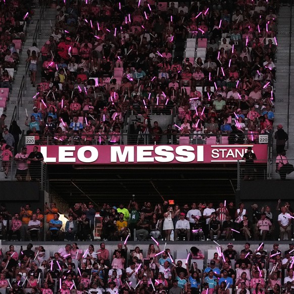 Fans watch from a section of the stands named for Inter Miami forward Lionel Messi, at the start of the first MLS soccer match played in Nu Stadium, Inter Miami's new home stadium, against Austin ...