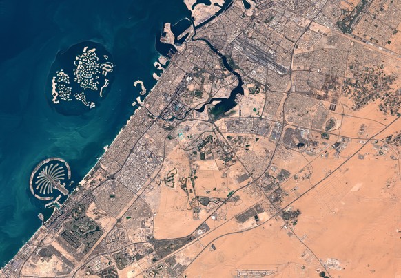 Satellite image of Dubai. Contains modified Copernicus Sentinel data 2019 xkwx Dubai, satellite image, aerial, view, from above, space, city, urban, structure, background, topography, network, environ ...