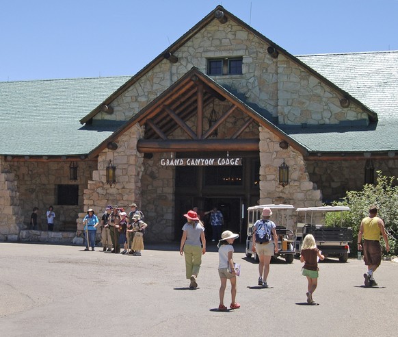 This undated image provided by the National Park Service shows the entrance to the Grand Canyon Lodge on the North Rim at Grand Canyon National Park, Ariz. (Michael Quinn/National Park Service via AP) ...