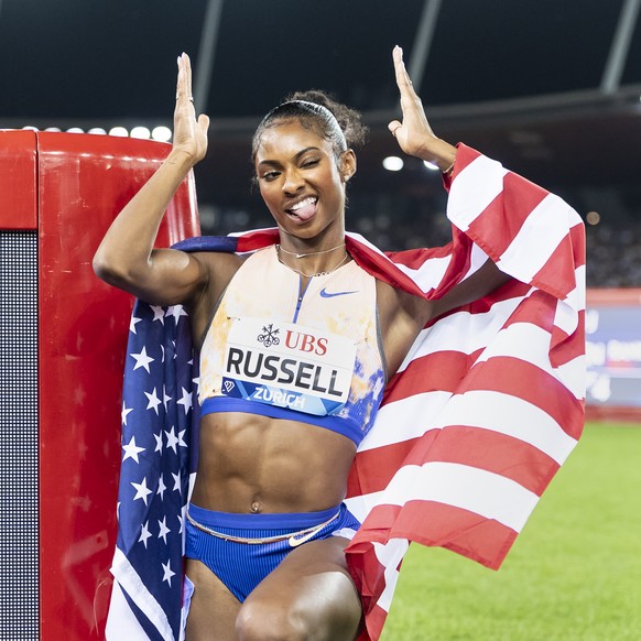 Masai Russell of United States celebrates after winning the 100 meters hurdles women setting a new world record during the World Athletics Diamond League Weltklasse Zurich athletics meeting at the Let ...