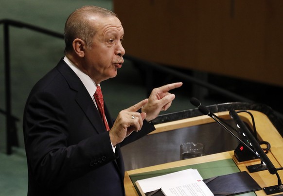 epa07046152 Turkish President Recep Tayyip Erdogan addresses the General Debate of the General Assembly of the United Nations at United Nations Headquarters in New York, New York, USA, 25 September 20 ...