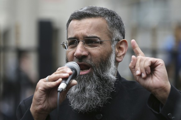 FILE - This is a Friday, April 3, 2015 file photo of Anjem Choudary, a British Muslim social and political activist and spokesman for Islamist group, Islam4UK, speaks following prayers at the Central  ...