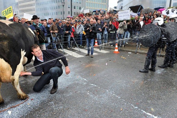 Dieser famose Schnappschuss entstand bei einer Demonstration irischer Bauern in Brüssel. Die Landwirte protestierten gegen die Milchpreise in der EU.