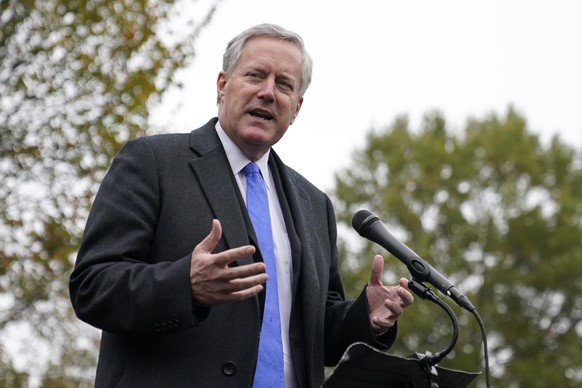 FILE - White House chief of staff Mark Meadows speaks with reporters outside the White House, Monday, Oct. 26, 2020, in Washington. Cassidy Hutchinson, a former aide in Donald Trump?s White House, des ...