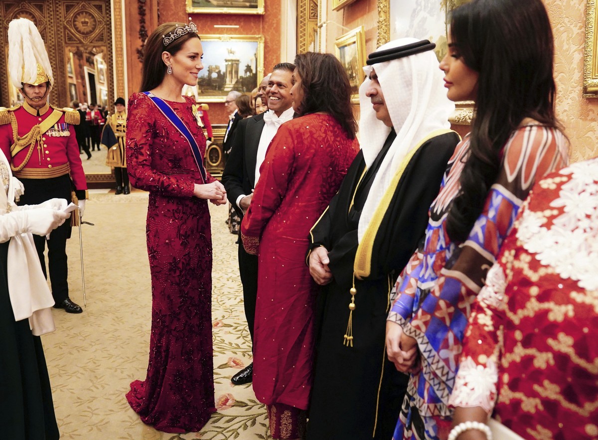 Britain's Kate, Princess of Wales during a Diplomatic Corps reception at Buckingham Palace in London, Tuesday, Dec. 6, 2022. (Victoria Jones/Pool photo via AP)