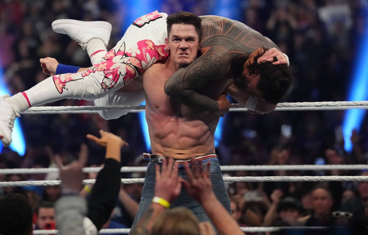 Wrestling: WWE Royal Rumble Feb 1, 2025 Indianapolis, IN, USA Jey Uso and John Cena during the Mens Royal Rumble match during the WWE Royal Rumble at Lucas Oil Stadium. Indianapolis Lucas Oil Stadium  ...