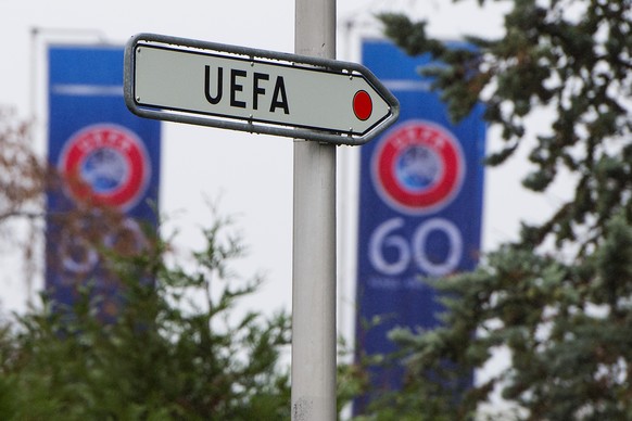 A UEFA logo is pictured on the day UEFA examines appeals by the Serbian and Albanian federation against their punishments over an aborted Euro 2016 qualifier soccer match at the UEFA Headquarters in N ...