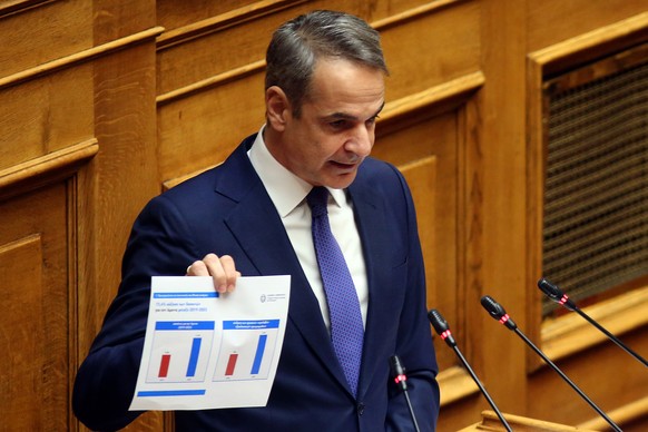 epa11779454 Greek Prime Minister Kyriakos Mitsotakis delivers a speech during a parliament debate prior to a vote on the 2025 state budget, in Athens, Greece, 15 December 2024. The Greek Parliament wi ...