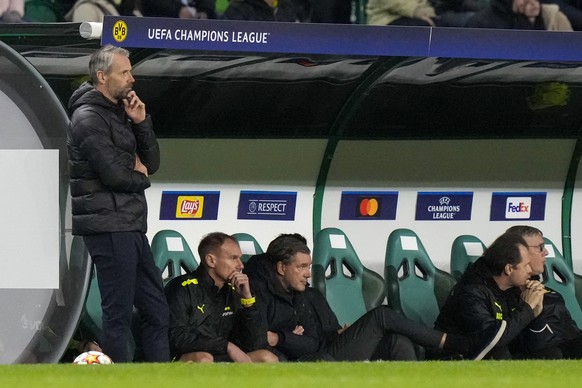 Dortmund's head coach Marco Rose reacts during a Champions League Group C soccer match between Sporting CP and Borussia Dortmund at the Alvalade stadium in Lisbon, Portugal, Wednesday, Nov. 24, 2021.  ...