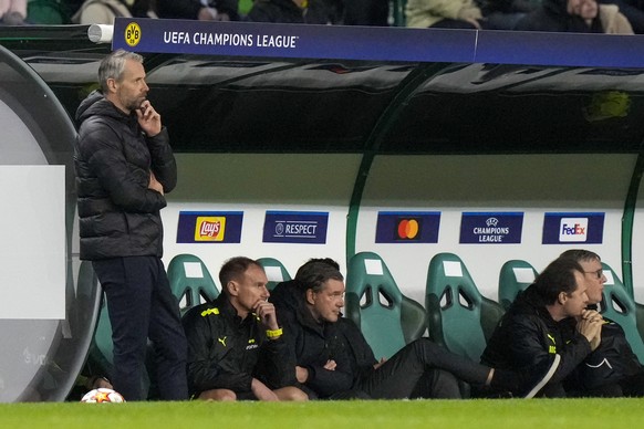 Dortmund&#039;s head coach Marco Rose reacts during a Champions League Group C soccer match between Sporting CP and Borussia Dortmund at the Alvalade stadium in Lisbon, Portugal, Wednesday, Nov. 24, 2 ...