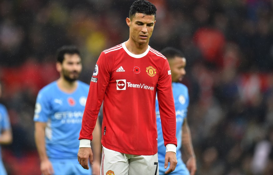 epa09567674 Cristiano Ronaldo of Manchester United reacts during the English Premier League soccer match between Manchester United and Manchester City in Manchester, Britain, 06 November 2021. EPA/PET ...