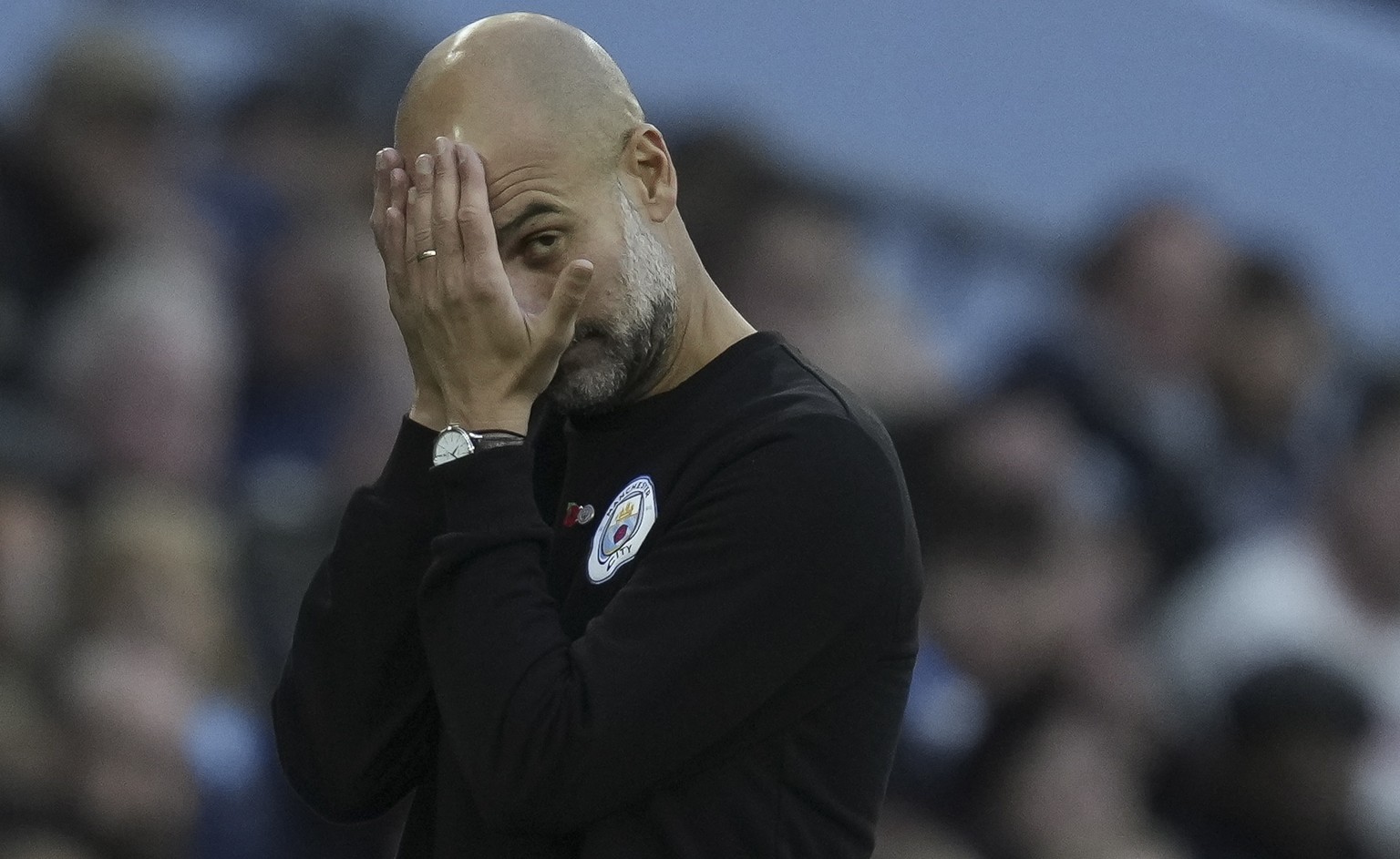 epa09554447 Manchester City manager Pep Guardiola reacts during the English Premier League soccer match between Manchester City and Crystal Palace in Manchester, Britain, 30 October 2021. EPA/ANDREW Y ...