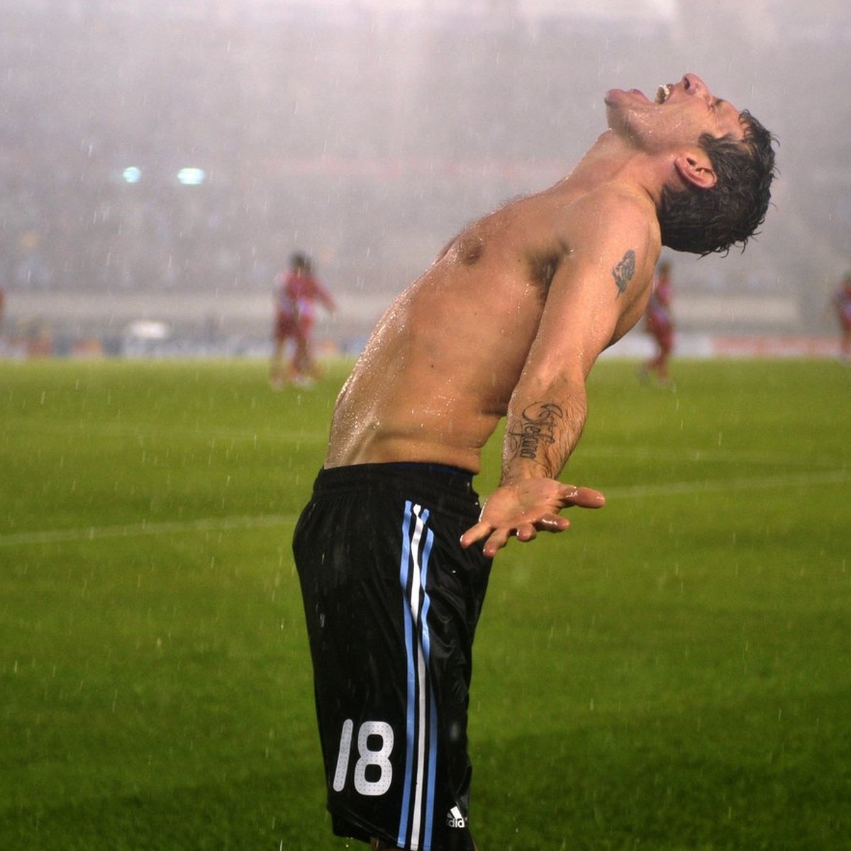 Under pouring rain, Argentina's Martin Palermo celebrates after scoring during a 2010 World Cup qualifying soccer match against Peru in Buenos Aires, Saturday, Oct. 10, 2009. Argentina won 2-1. ( ...