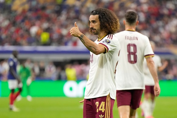 Spain's Marc Cucurella gestures during the World Cup semifinal soccer match between France and Spain in Arlington, Texas, near Dallas, Tuesday, July 14, 2026. (AP Photo/Ashley Landis)
Spain Franc ...