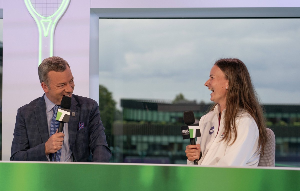 Tennis: Wimbledon Jul 13, 2024 London, United Kingdom Tennis Channel s Jon Wertheim interviews Wimbledon Champion, Barbora Krejcikova of the Czech Republic at Tennis Channel s Volkswagen Desk on day 1 ...