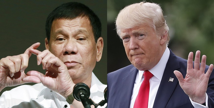 In this combination of file photos, from left to right: Philippine President Rodrigo Duterte is pictured on Oct. 26, 2016, in Tokyo; U.S. President Donald Trump is pictured April 29, 2017, in Washingt ...