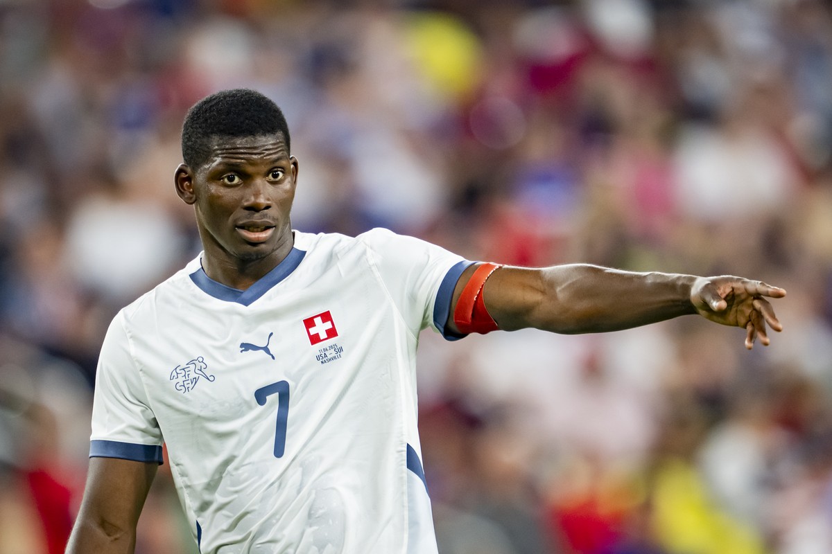 Switzerland's Breel Embolo reacts during a Friendly soccer match between USA and Switzerland at the Geodis Park stadium, in Nashville, Tennessee, United States of America, Wednesday, June 11, 202 ...
