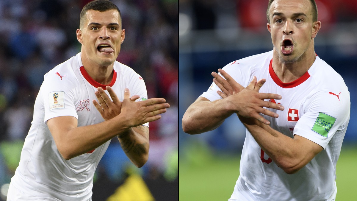 epa06832171 A combo of two pictures shows the celebration for the first goal of Switzerland's midfielder Granit Xhaka, (L), and the victory goal of Switzerland's midfielder Xherdan Shaqiri,  ...