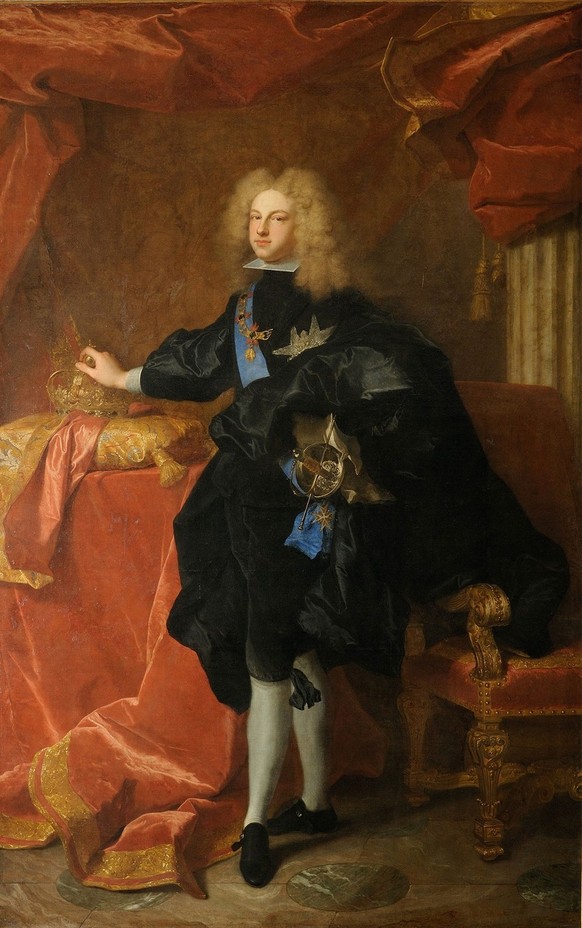 Philipp V., um 1700. Seine Proklamation zum König von Spanien löste den Spanischen Erbfolgekrieg aus. Gemälde von Hyacinthe Rigaud.
https://commons.wikimedia.org/wiki/File:Hyacinthe_Rigaud_-_Philippe_ ...