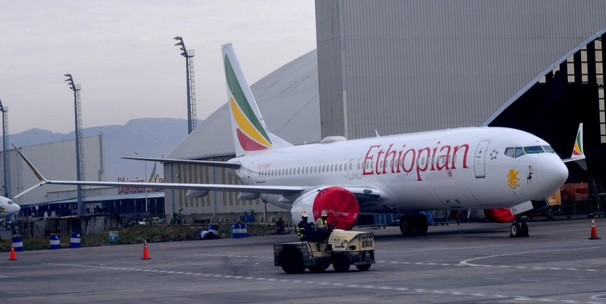 epa07484071 An Ethiopean Airlines Boeing 737 Max 8 parked at Bole International airport, Addis Ababa, Ethiopia, 04 April 2019. Ethiopian civil aviation have grounded all their Boeing Max 8 planes. Eth ...
