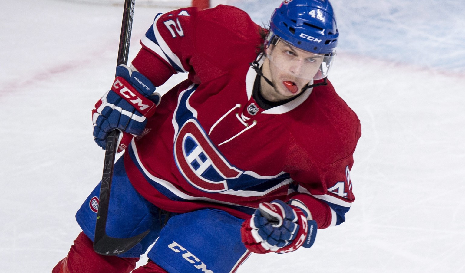 Montreal Canadiens&#039; Sven Andrighetto celebrates his goal past Carolina Hurricanes goalie Cam Ward in a shootout to win 2-1 an NHL hockey game Sunday, Feb. 7, 2016, in Montreal. (Paul Chiasson/The ...