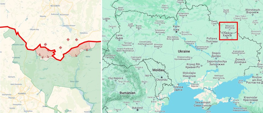 Situation North-East of Kharkiv: Russian advance halted near Vovchansk.  Red: Russian-Ukrainian border.