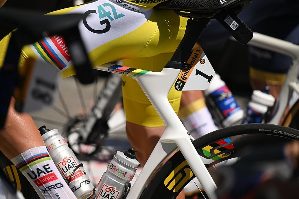 SAINT-MEEN-LE-GRAND, FRANCE - JULY 12: BIB number detail view of Tadej Pogacar of Slovenia and UAE Team Emirates - XRG - Yellow leader jersey prior to the 112th Tour de France, Stage 8 a 197km stage f ...