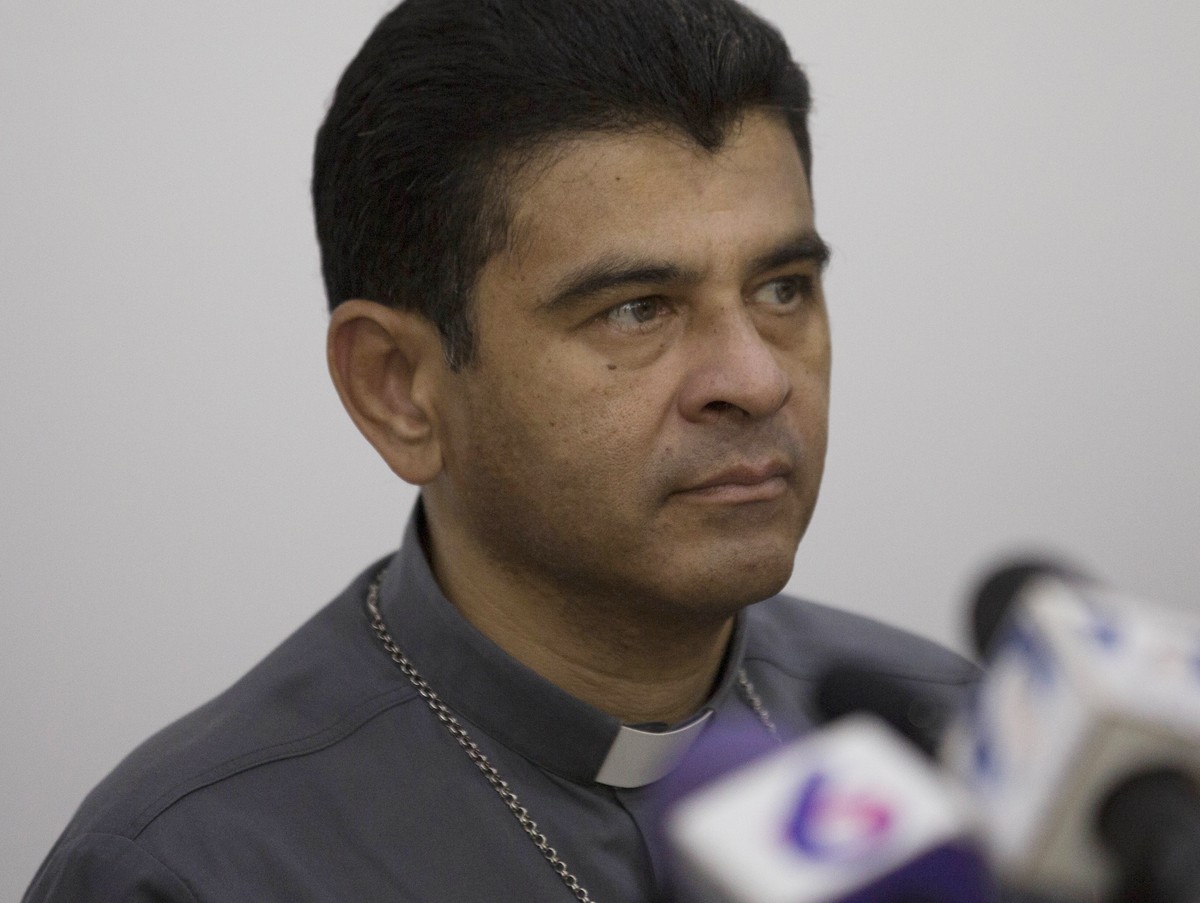 FILE - Rolando Alvarez, Bishop of Matagalpa, attends a press conference regarding the Roman Catholic Church's agreeing to act as "mediator and witness" in a national dialogue between me ...