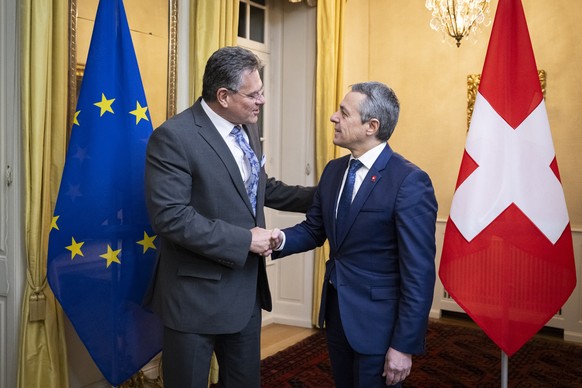 Maros Sefcovic, Executive Vice-President of the European Commission, left, and Swiss Federal Councillor Ignazio Cassis, right, talk during a working visit by Swiss Federal Councillor Ignazio Cassis to ...