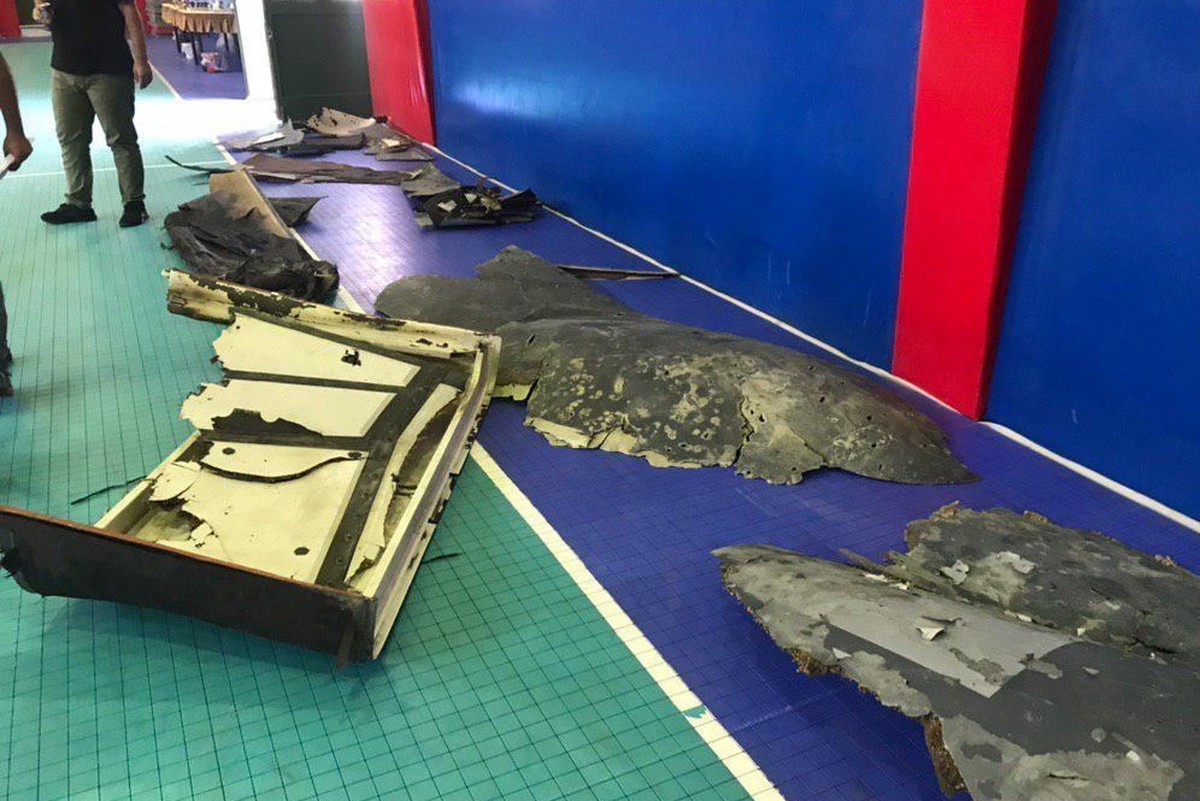 epa07662870 A handout photo made available by Iran's state TV (IRIB) official website shows the wreckage of US drone RQ-4A as in displayed by Iran's Revolutionary guard in Tehran, Iran, 21 J ...