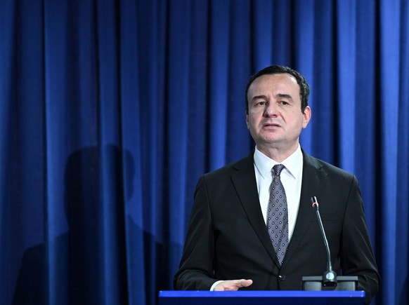 epa10725453 Kosovo&#039;s Prime Minister Albin Kurti during the press conference with Prime Minister of the Netherlands Mark Rutte and Luxembourg&#039;s Prime Minister Xavier Bettel after their meetin ...