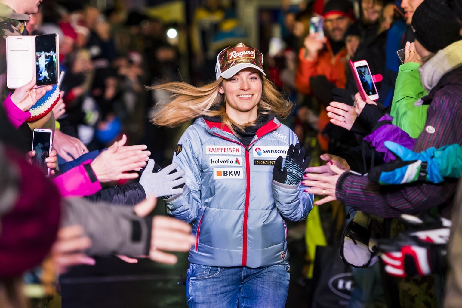 Lara Gut-Behrami from Switzerland, 2nd place, reacts during the podium ceremony of the women&#039;s Super-G race at the FIS Alpine Ski World Cup, in St. Moritz, Switzerland, Saturday, December 8, 2018 ...