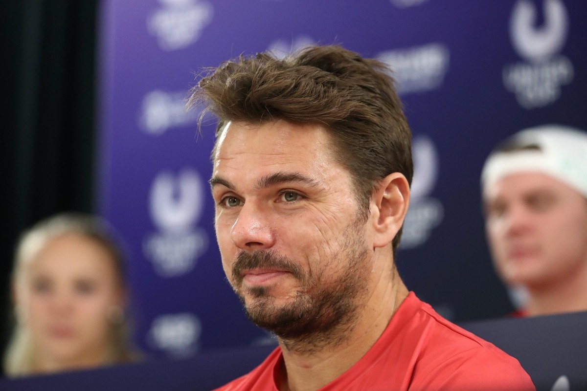 epa10379812 Team Captain Stan Wawrinka of Switzerland speaks to the media during a press conference ahead of the 2023 United Cup tennis tournament, at the Queensland Tennis Centre in Brisbane, Austral ...
