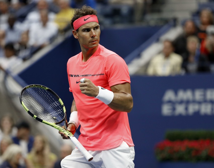 Rafael Nadal, of Spain, pumps his fist during his match with Andrey Rublev, of Russia, during the quarterfinals of the U.S. Open tennis tournament, Wednesday, Sept. 6, 2017, in New York. (AP Photo/Ada ...