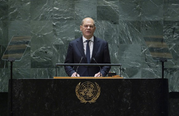 epa10870828 German Chancellor Olaf Scholz speaks during the 78th session of the United Nations General Assembly at the United Nations Headquarters in New York, New York, USA, 19 September 2023. EPA/JU ...