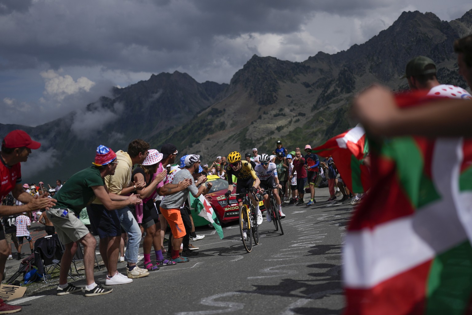 Denmark&#039;s Jonas Vingegaard leads Slovenia&#039;s Tadej Pogacar as they climb the Col du Tourmalet, during the sixth stage of the Tour de France cycling race over 145 kilometers (90 miles) with st ...