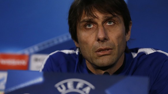 Chelsea's manager Antonio Conte answers a journalists' questions during a news conference at Stamford Bridge stadium in London, Monday, Feb. 19, 2018. FC Barcelona will play Chelsea in a Champions League round of sixteen first leg soccer match on Tuesday. (AP Photo/Alastair Grant)