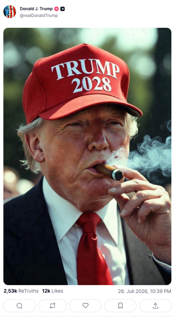 Trump Truthsocial Post: Trump 2028 mit Zigarre