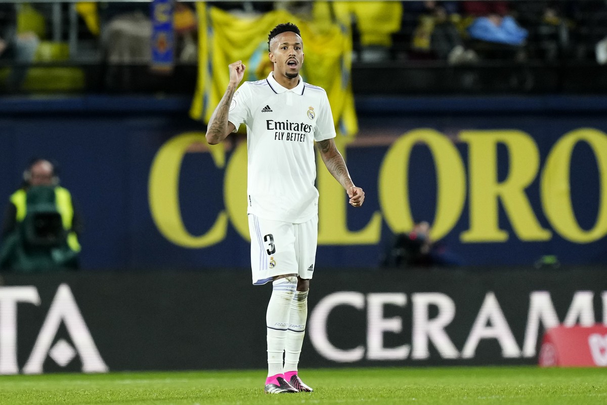 Real Madrid's Eder Militao celebrates after scoring his side's second goal during the Copa del Rey round of 16 soccer match between Villarreal CF and Real Madrid at La Ceramica stadium in Vi ...
