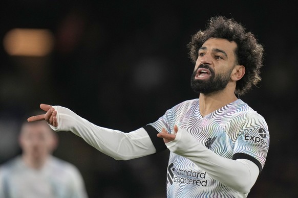 Liverpool&#039;s Mohamed Salah reacts during the English Premier League soccer match between Crystal Palace and Liverpool at Selhurst Park, in London, Saturday, Feb. 25, 2023. (AP Photo/Alastair Grant ...