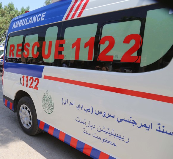 epa10175295 A fully equipped ambulance of rescue 1122 emergency service, for quick response to displaced people from flood-affected areas in Hyderabad, Sindh province, Pakistan, 10 September 2022. Acc ...