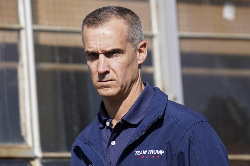 FILE - In this Nov. 7, 2020, file photo, President Donald Trump's campaign advisor Corey Lewandowski, listens to a speaker during a news conference on legal challenges to vote counting in Pennsylvania ...