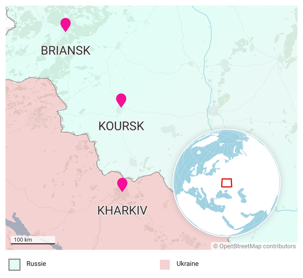 Koursk, Kharkiv, Briansk: carte de situation.