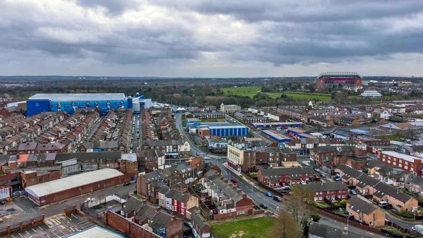 Aerial views of Liverpool A general view of Goodison Park, home of Everton Football Club with Anfield, home of Liverpool Football Club right in the distance. Issue date: Tuesday February 16, 2021. RES ...