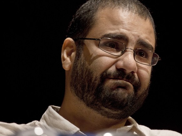 FILE - Egypt&#039;s leading pro-democracy activist Alaa Abdel-Fattah speaks during a conference at the American University in Cairo, Egypt, on Sept. 22, 2014. Egyptian prison authorities have interven ...