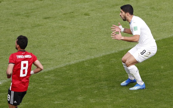 epa06809725 Luis Suarez of Uruguay reacts during the FIFA World Cup 2018 group A preliminary round soccer match between Egypt and Uruguay in Ekaterinburg, Russia, 15 June 2018.

(RESTRICTIONS APPLY: ...