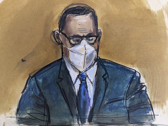 In this courtroom sketch, R. Kelly listens as the jury foreperson reads the verdict, Monday, Sept. 27, 2021, in New York. The R&amp;B superstar known for his anthem &quot;I Believe I Can Fly,&quot; wa ...