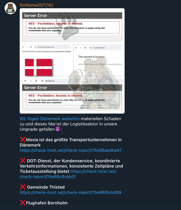 Posting in Telegram-Kanal der prorussischen Hacktivisten-Gruppe «NoName057(16)».