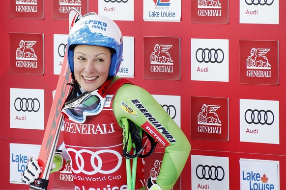 Ilka Stuhec of Slovenia reacts in the finish area following her run in the women&#039;s World Cup downhill ski race at Lake Louise, Alberta, Saturday, Dec. 3, 2016. (Jeff McIntosh/The Canadian Press v ...