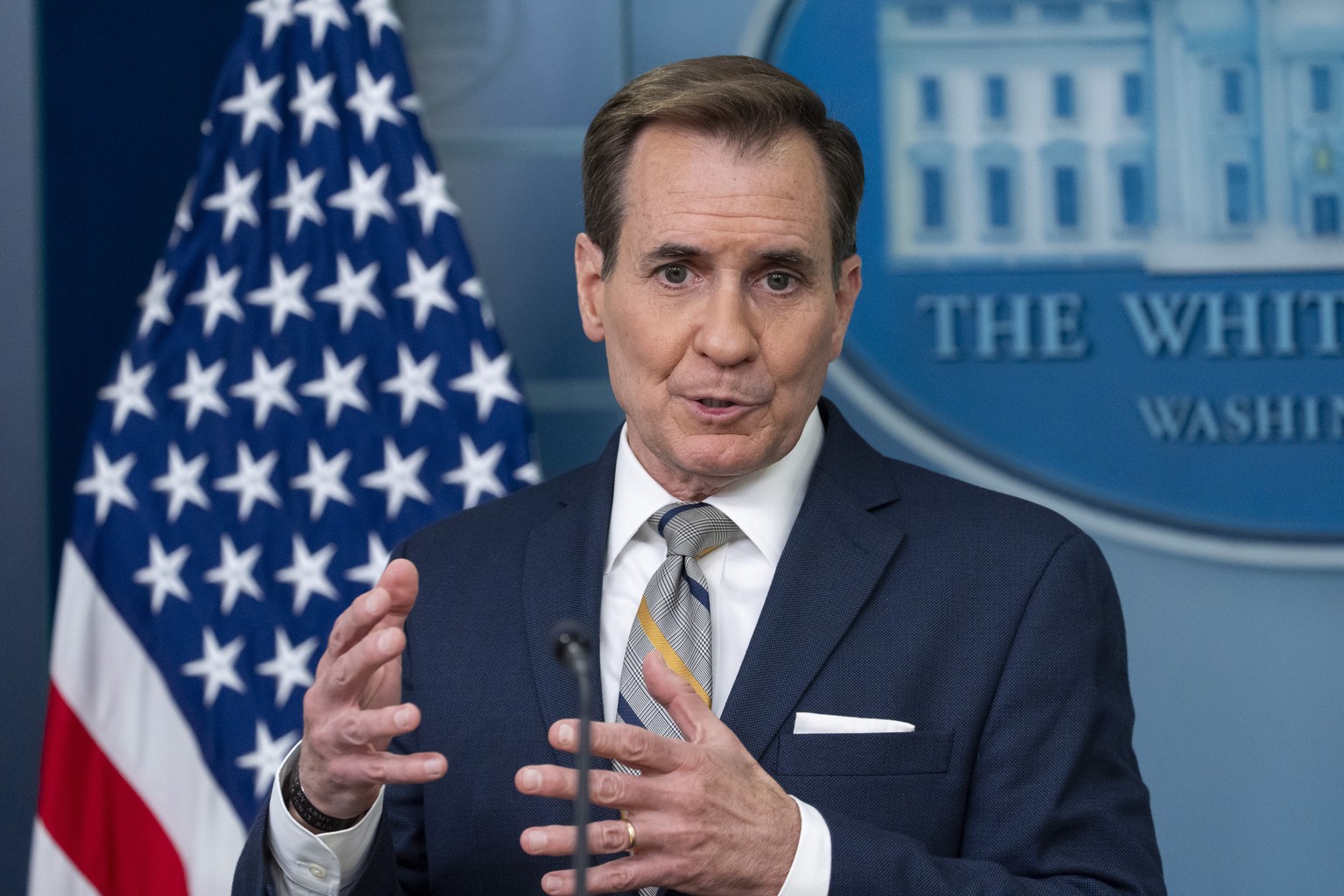 National security communications advisor John Kirby speaks with reporters in the James Brady Press Briefing Room at the White House, Monday, May 6, 2024, in Washington. (AP Photo/Alex Brandon)
John Ki ...